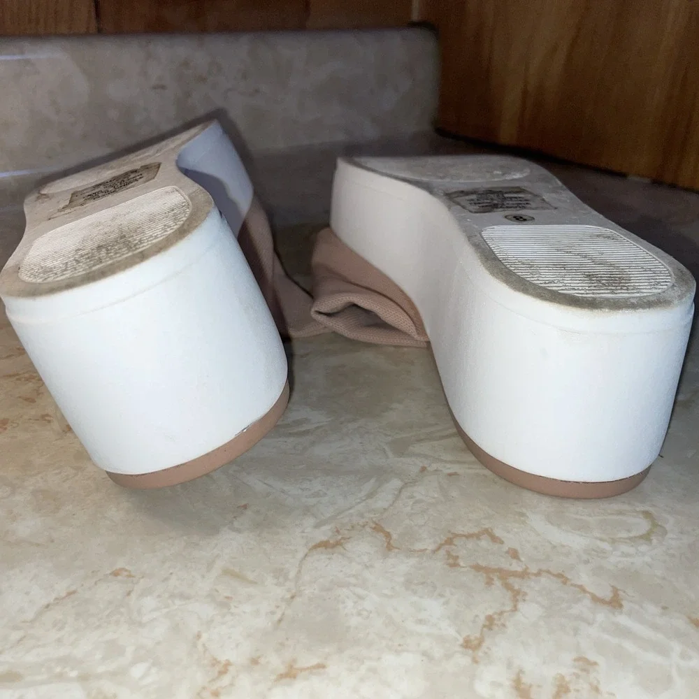 Nude and White platform Slides Elastic Fabric Upper 8M‎ Womens